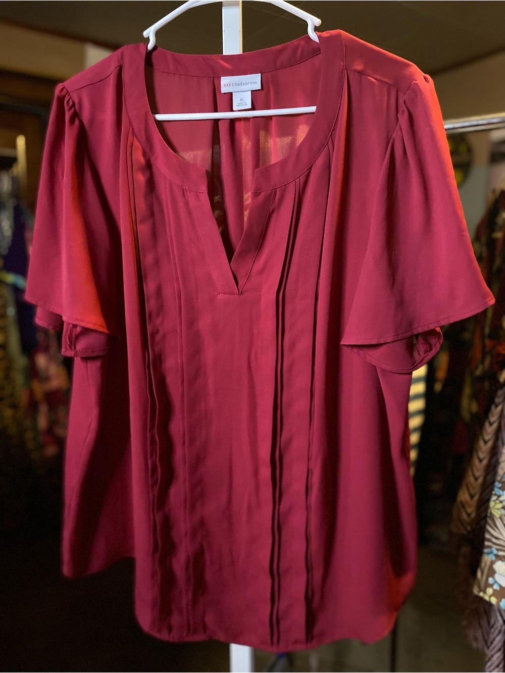 Liz Claiborne Burgundy Pleated V-Neck Blouse